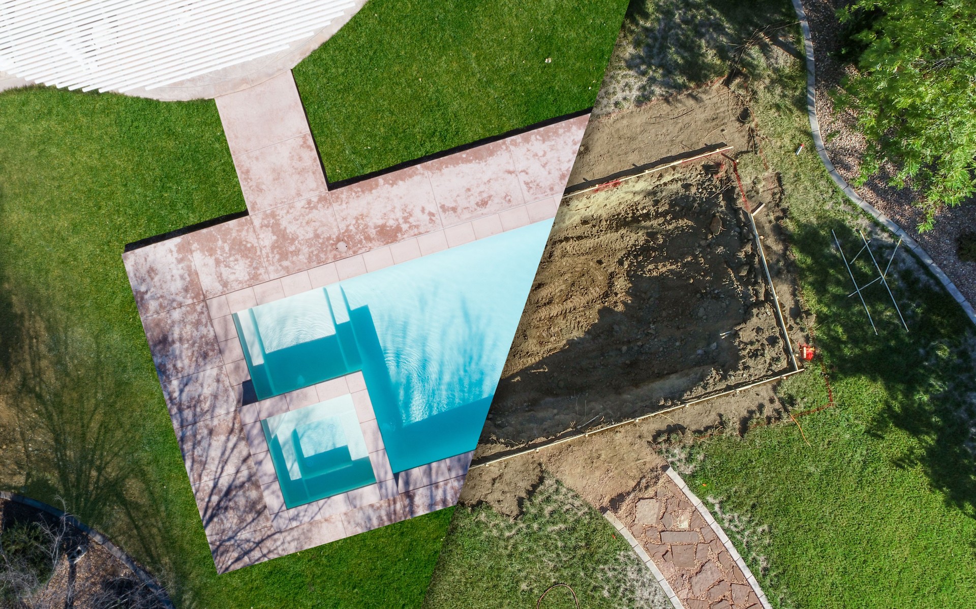 Aerial of BGarten mit eingebautem GFK-Pool, umgeben von Terrassenplatten, mit moderner Filteranlage im Hintergrund – Beispiel für eine hochwertige, private Poolanlage.efore and After Pool Build Baustelle